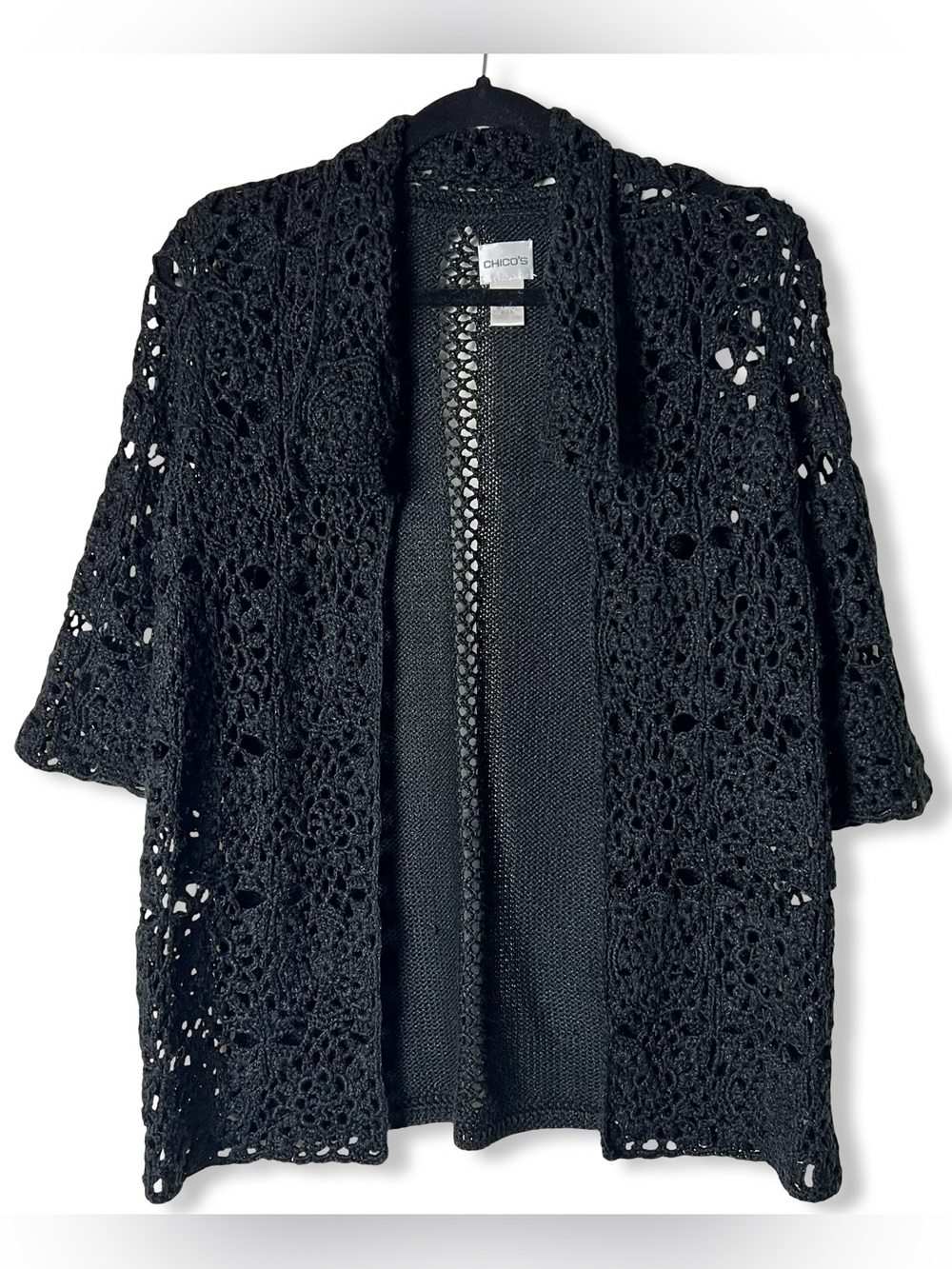 Chico’s Womens Black Crochet Open Front Cardigan Boho Sz. 0 (S)